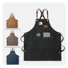 A black durable lightweight kitchen apron with leather straps and tool pockets shown alongside its natural and blue color opt