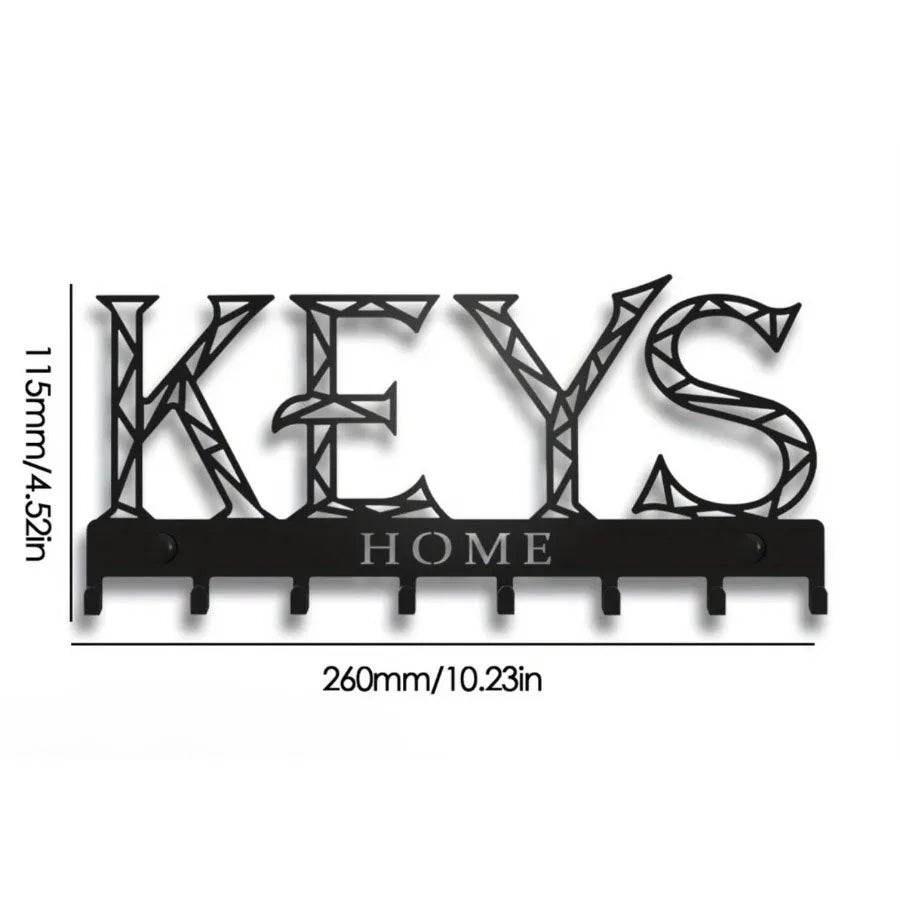 Black decorative metal key holder rack with hooks, measuring 15mm thick and 260mm long.