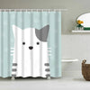 A white and gray cartoon cat shower curtain featuring a cute pet design.
