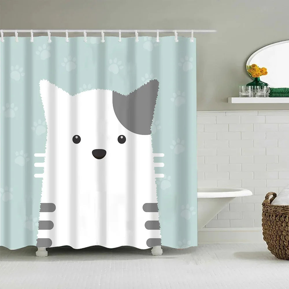 A white and gray cartoon cat shower curtain featuring a cute pet design.