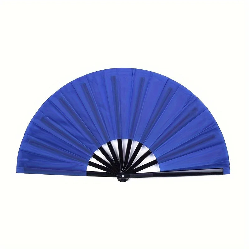 A blue handheld folding fan with a classic design, showing the pleated surface and white accents.