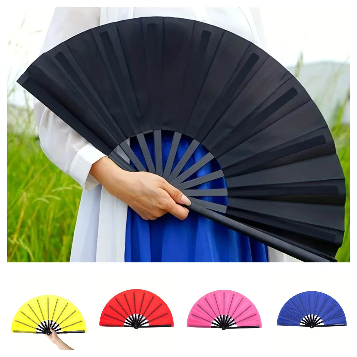 A black handheld folding fan is shown open, with other colored fans displayed below.