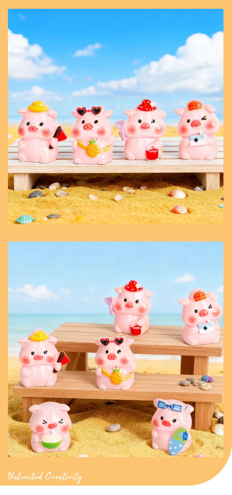 Colección de miniaturas cerámicas rosadas en resina, en diversas poses y colores, sobre una superficie de madera contra un fo