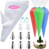 A set of reusable silicone piping bags and stainless steel tips for baking, including a white bag, red, green, and blue bags,