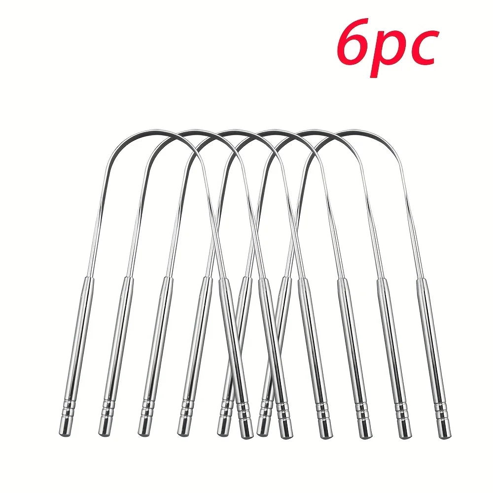 A set of six stainless steel tongue scrapers.