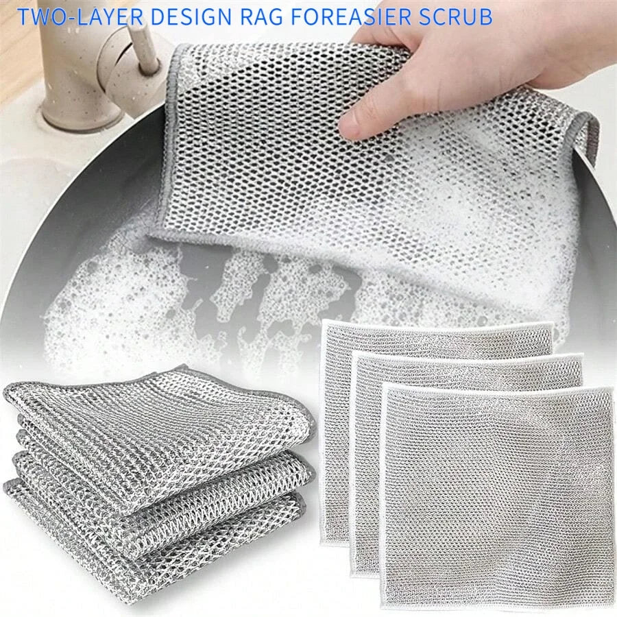 Two-layer design rag for easier scrub featuring a mesh cleaning cloth and stacked fabric cloths.