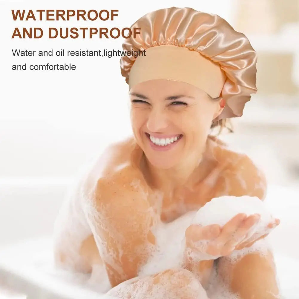 A woman wearing a satin wide-brim sleeping bonnet is shown in the context of hair care.