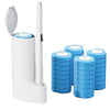 A white reusable toilet cleaning brush set with a handle and multiple blue cleaning heads.
