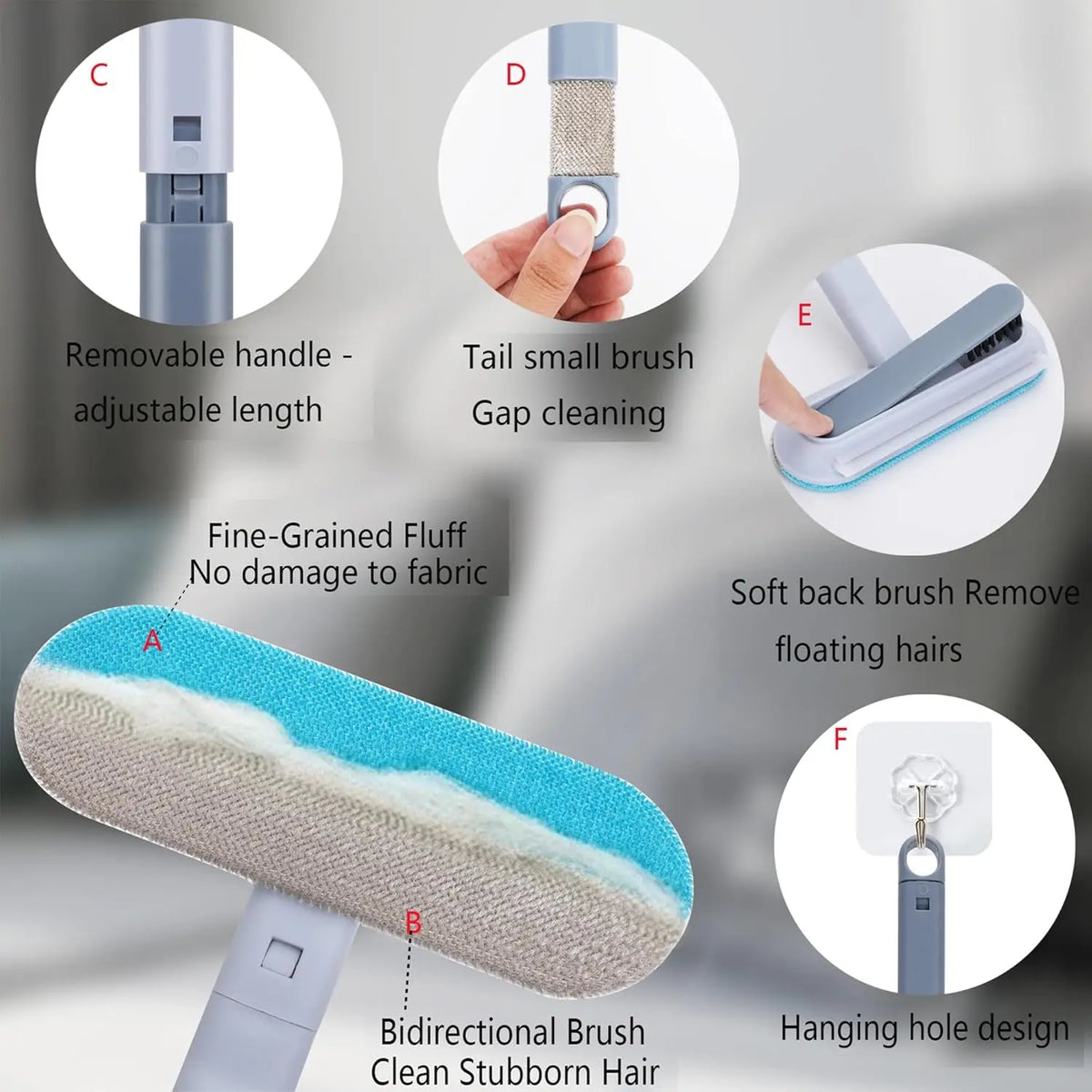 A multi-surface pet hair remover tool showing various components including a removable handle, tail brush, and a bidirectiona