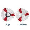 A pair of microfiber mop head replacements showing the top and bottom views, featuring white and red striped fibers.