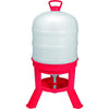 A bright pink gravity-fed poultry waterer with a clear plastic tank and stand.
