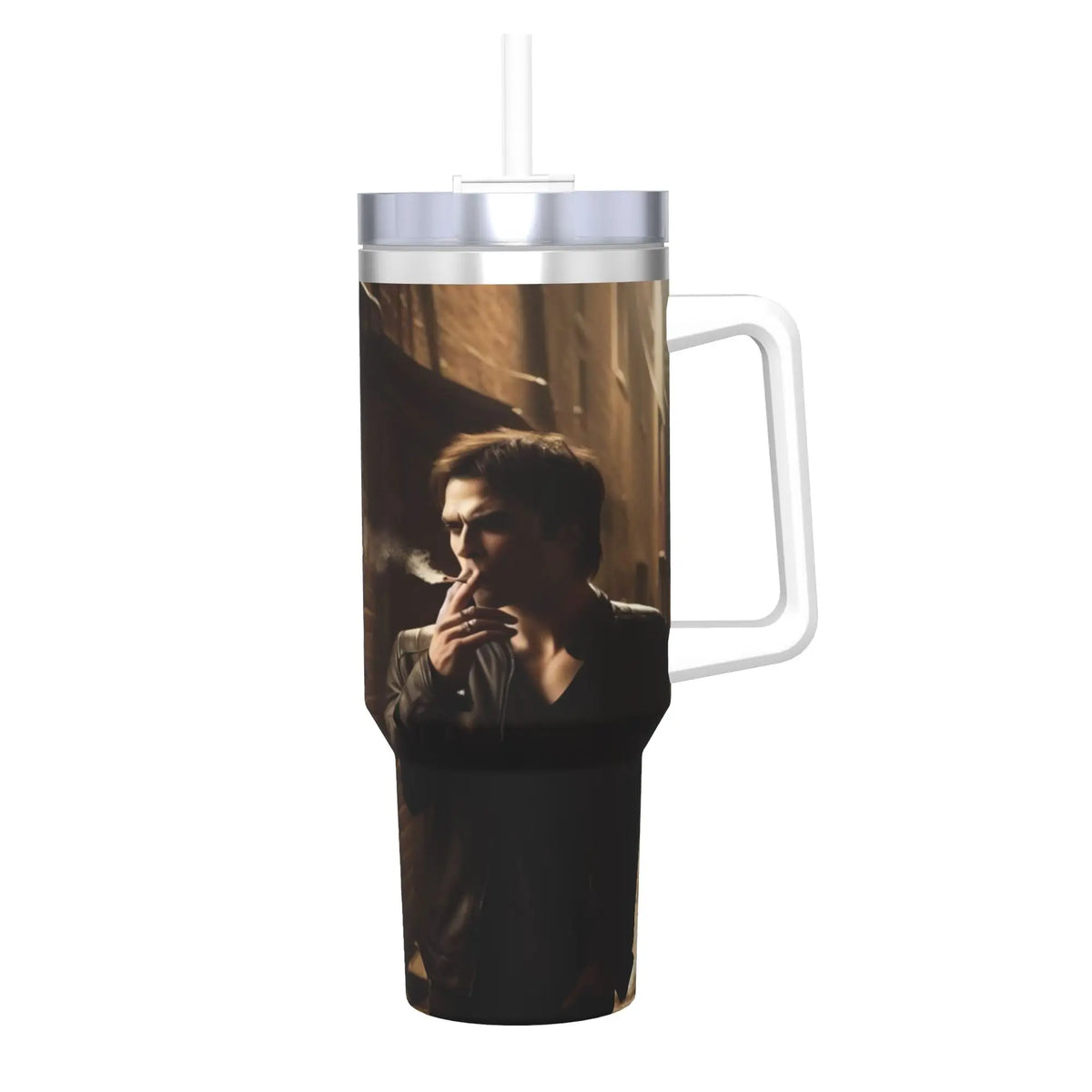 A stainless steel thermal tumbler with a straw featuring a dark portrait of a man.