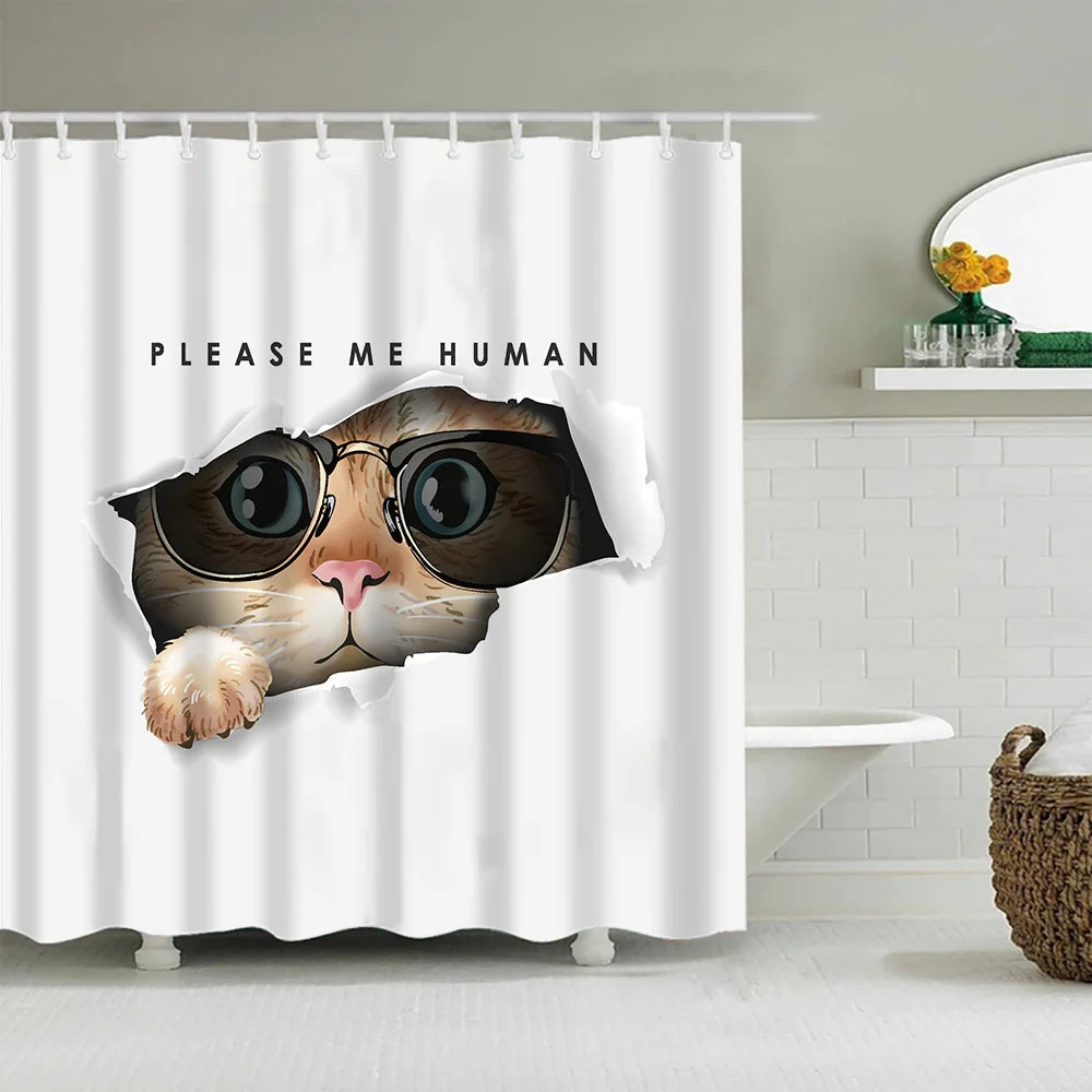 A white shower curtain featuring a cartoon image of a cat wearing glasses looking forward.