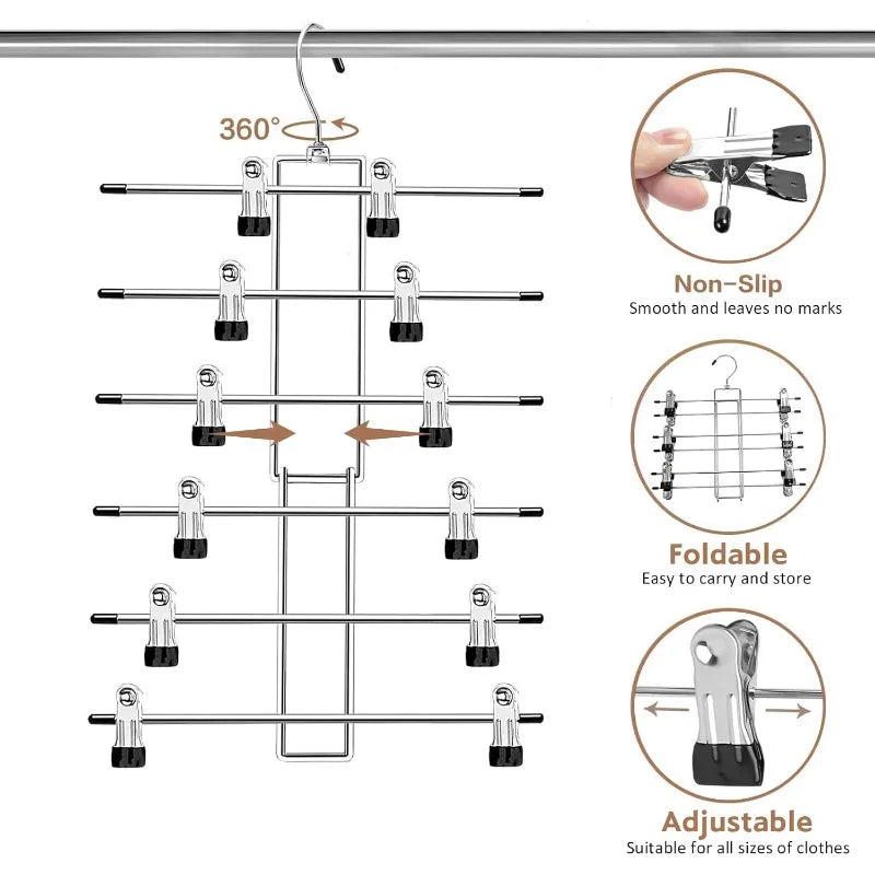 A set of adjustable pants hangers with non-slip swivel clips for closet organization.
