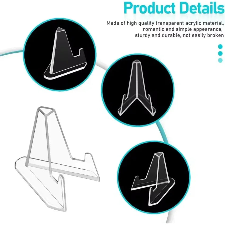 Clear acrylic display stands for collectibles shown in various angles.