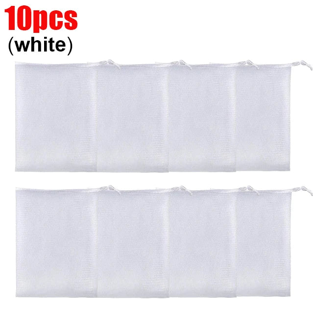 Ten white exfoliating mesh soap pouches for body and face