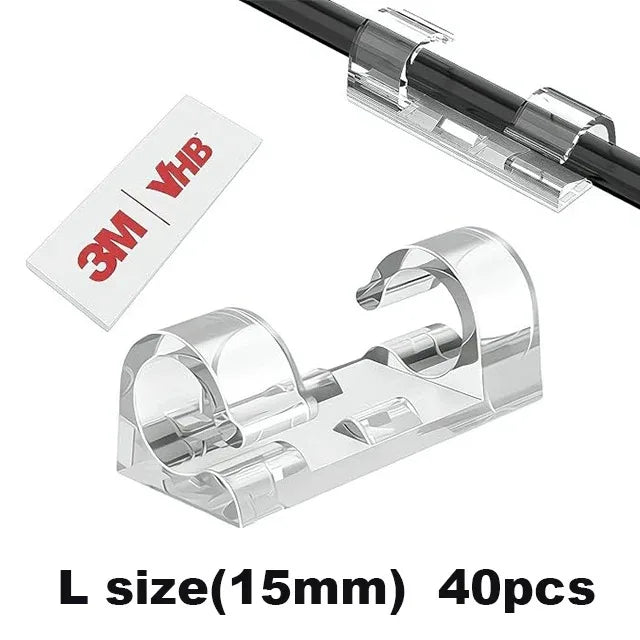 Clear plastic cable clips with a 3M VHB tape label and an L size of 15mm, sold in a pack of 40.
