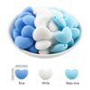 A bowl filled with 10 silicone heart-shaped charm beads in blue, white, and baby blue colors.