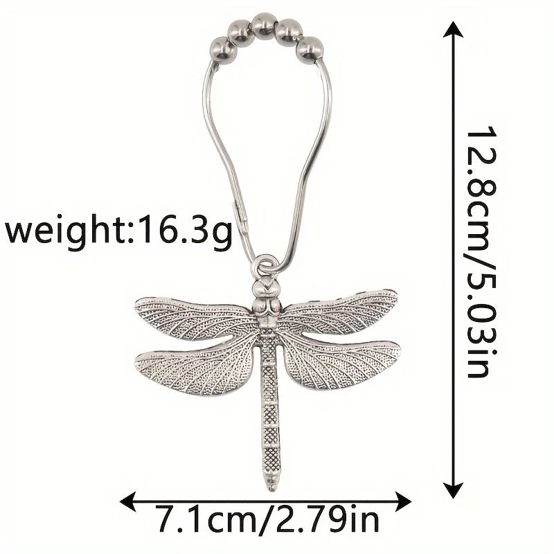 Silver dragonfly shower curtain hooks set with a loop and hanging charm
