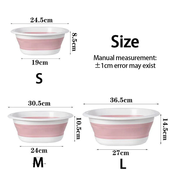Three sizes of pink and white foldable plastic wash basins labeled S, M, and L with corresponding dimensions.
