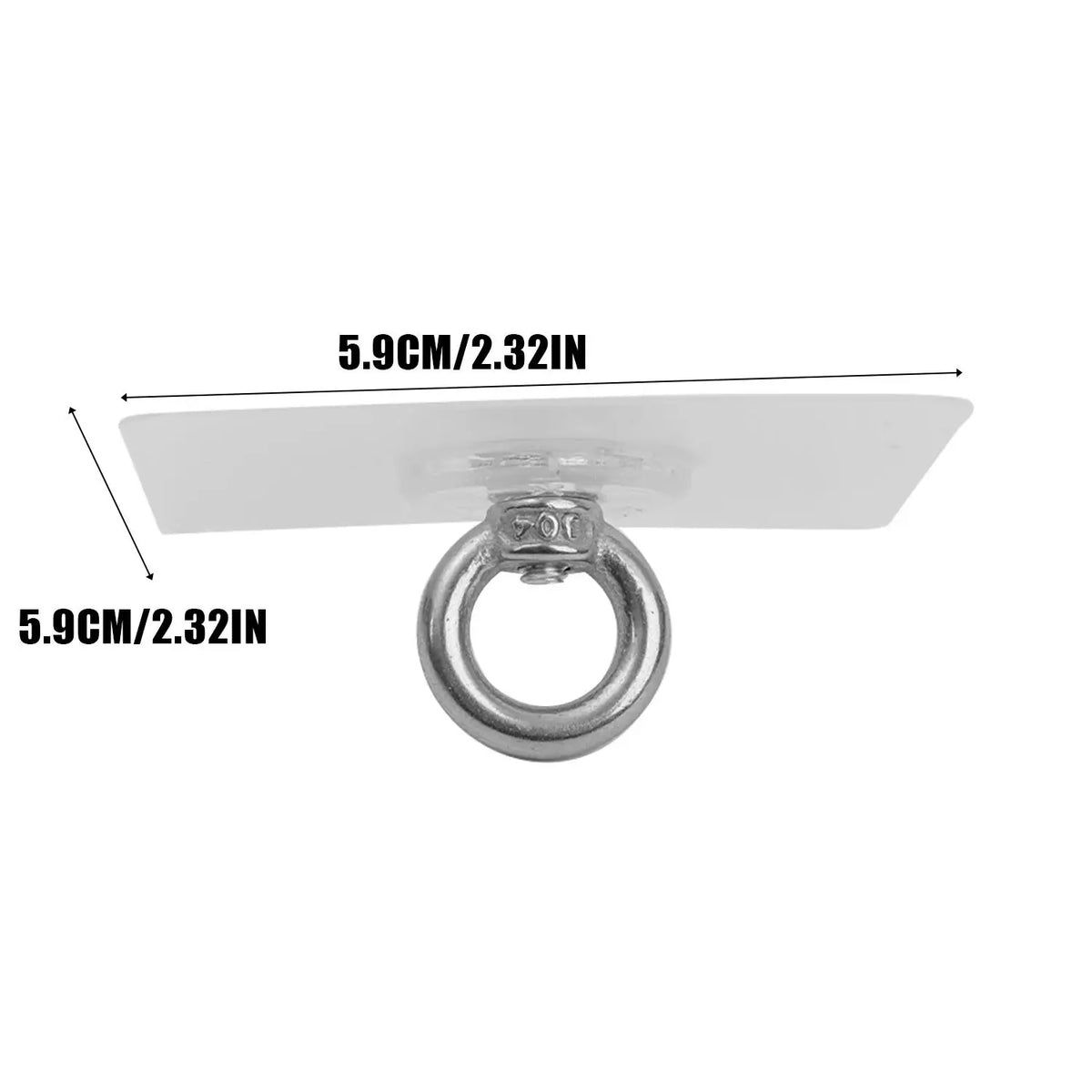 A white, flat wall hook with a stainless steel loop for hanging, shown with dimension lines.