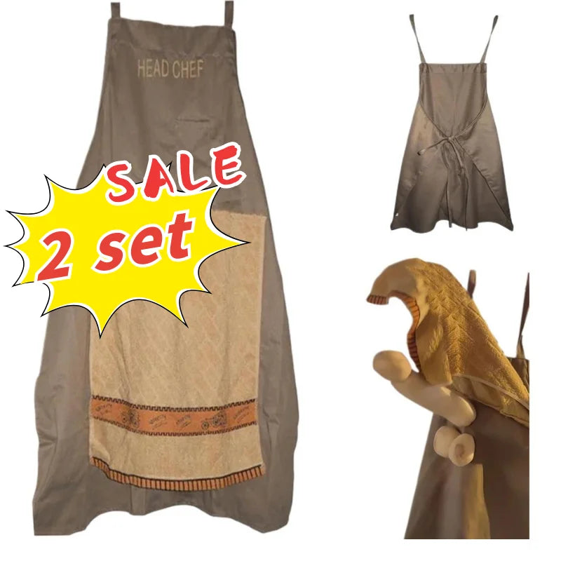 A gray chef apron with a yellow tag indicating a 2 set sale, featuring a fabric piece and a yellow chef hat.