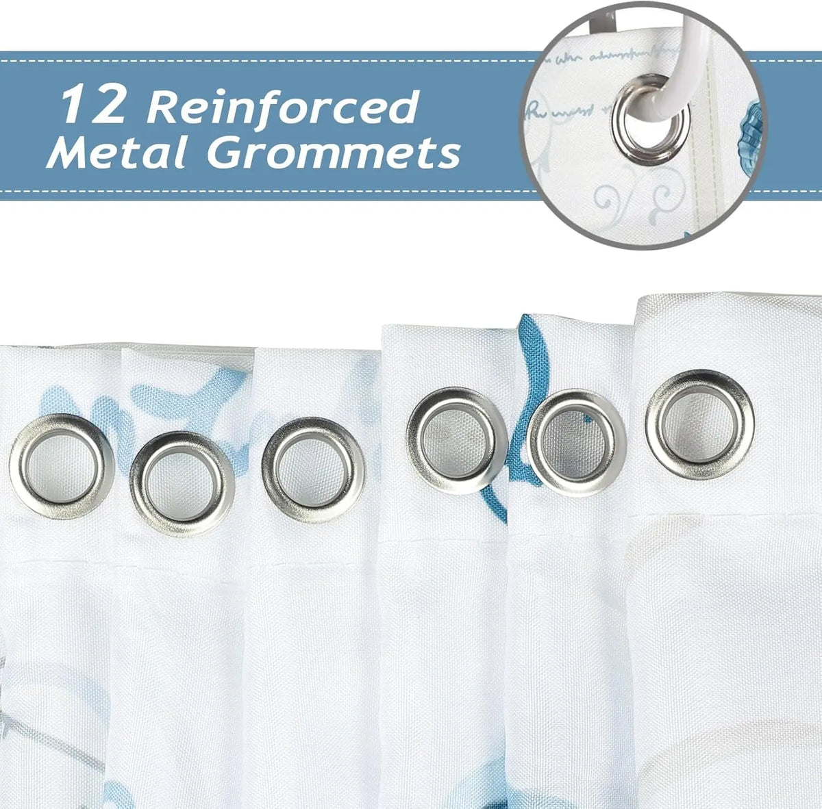 A close-up view of twelve reinforced metal grommets used for a shower curtain.