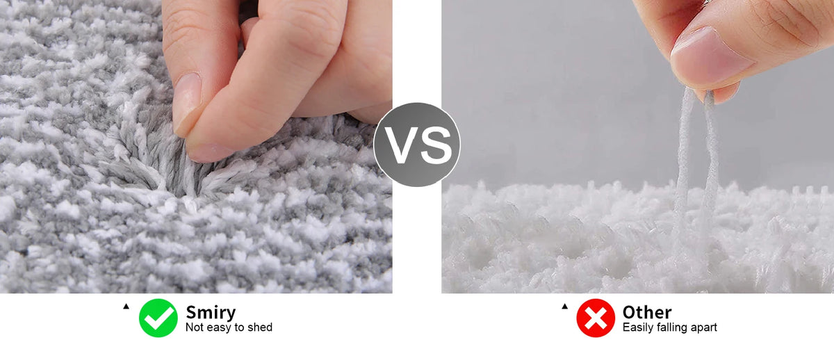 Comparison showing Smiry microfiber mat vs. other mats, highlighting easy shedding and falling apart.
