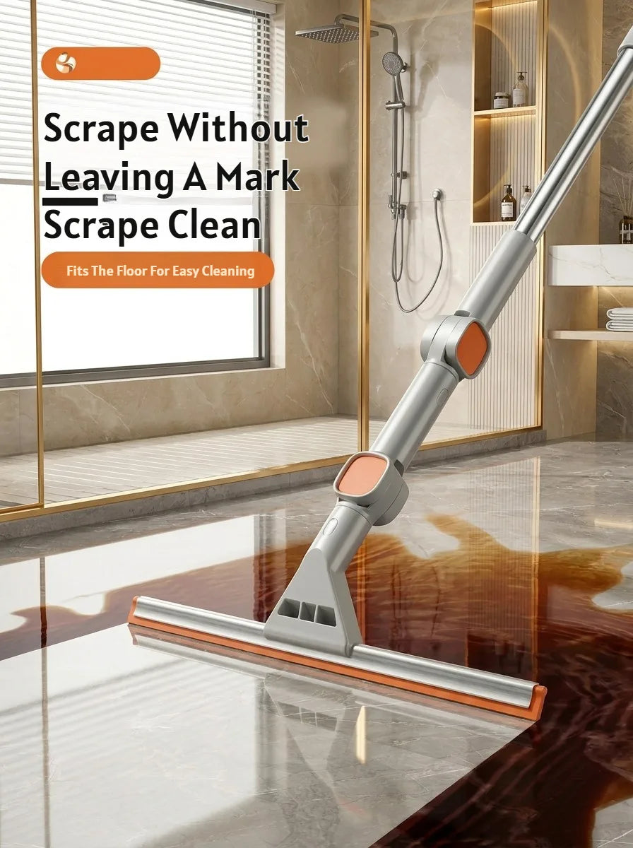 A silver double-sided window cleaning tool is shown being used to clean a glossy floor.