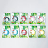 A row of ten natural mosquito repellent bracelets in various colors and designs packaged in green plastic bags.