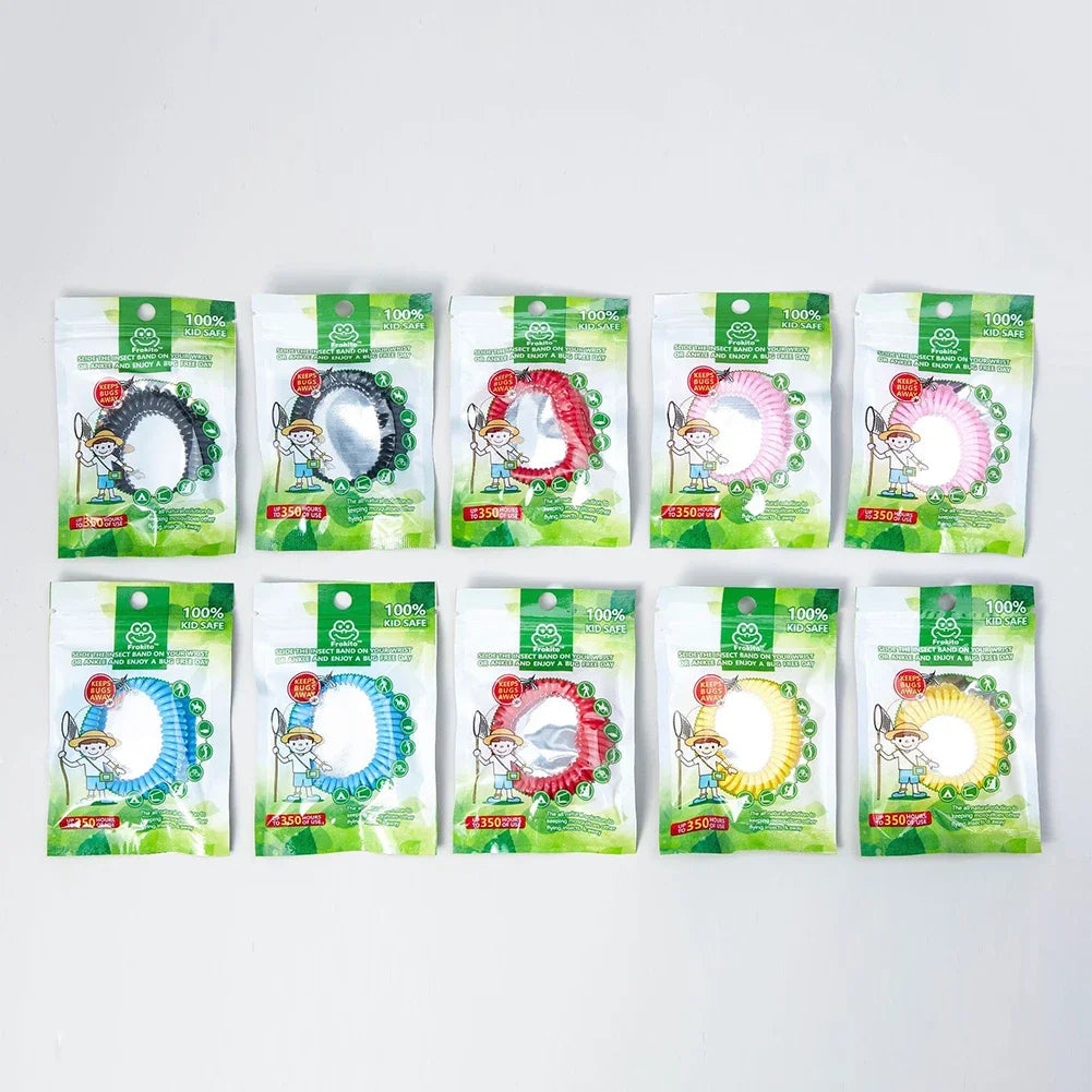 A row of ten natural mosquito repellent bracelets in various colors and designs packaged in green plastic bags.