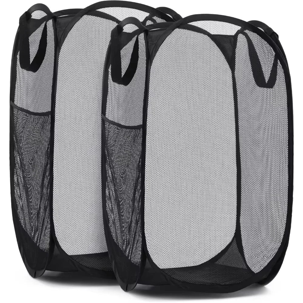Black collapsible mesh laundry basket organizer with a translucent netting design