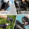 A collage showing cleaning, machine operation, tattoo work, and salon services using black nitrile gloves.