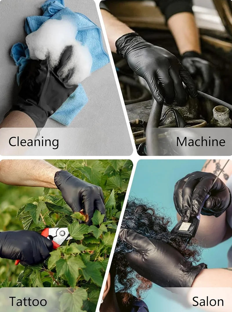 A collage showing cleaning, machine operation, tattoo work, and salon services using black nitrile gloves.
