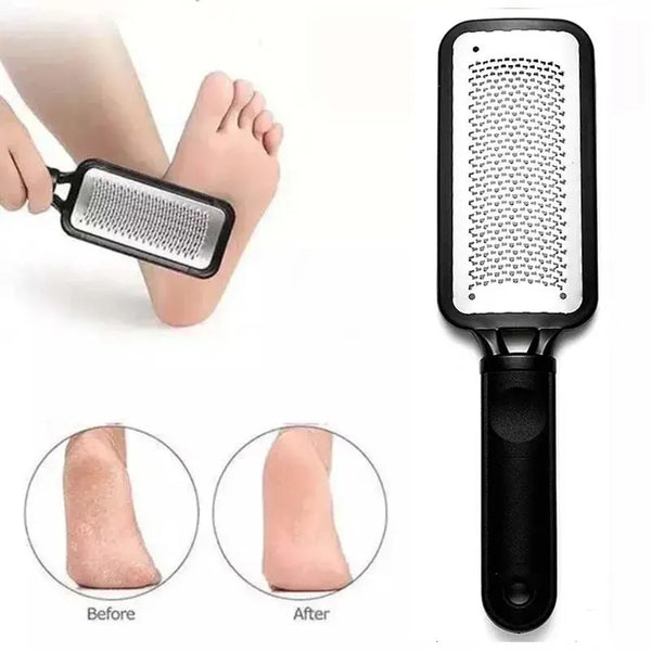 A professional foot file and callus remover device shown with before and after results.
