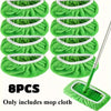 Eight pieces of green reusable mop cloths with white trim shown for household cleaning