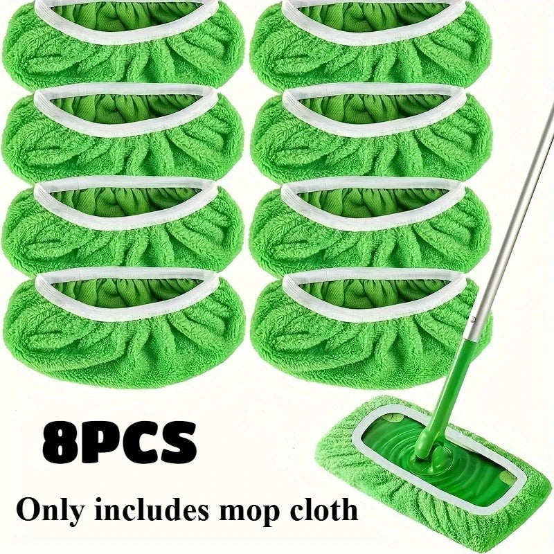 Eight pieces of green reusable mop cloths with white trim shown for household cleaning
