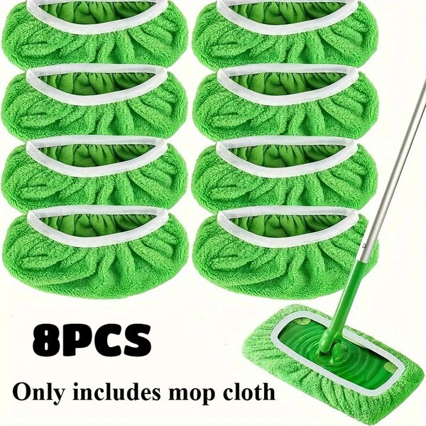 Eight pieces of green reusable mop cloths with white trim shown for household cleaning
