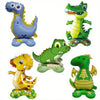A collection of foil balloons shaped like dinosaurs and other cartoon animals for parties