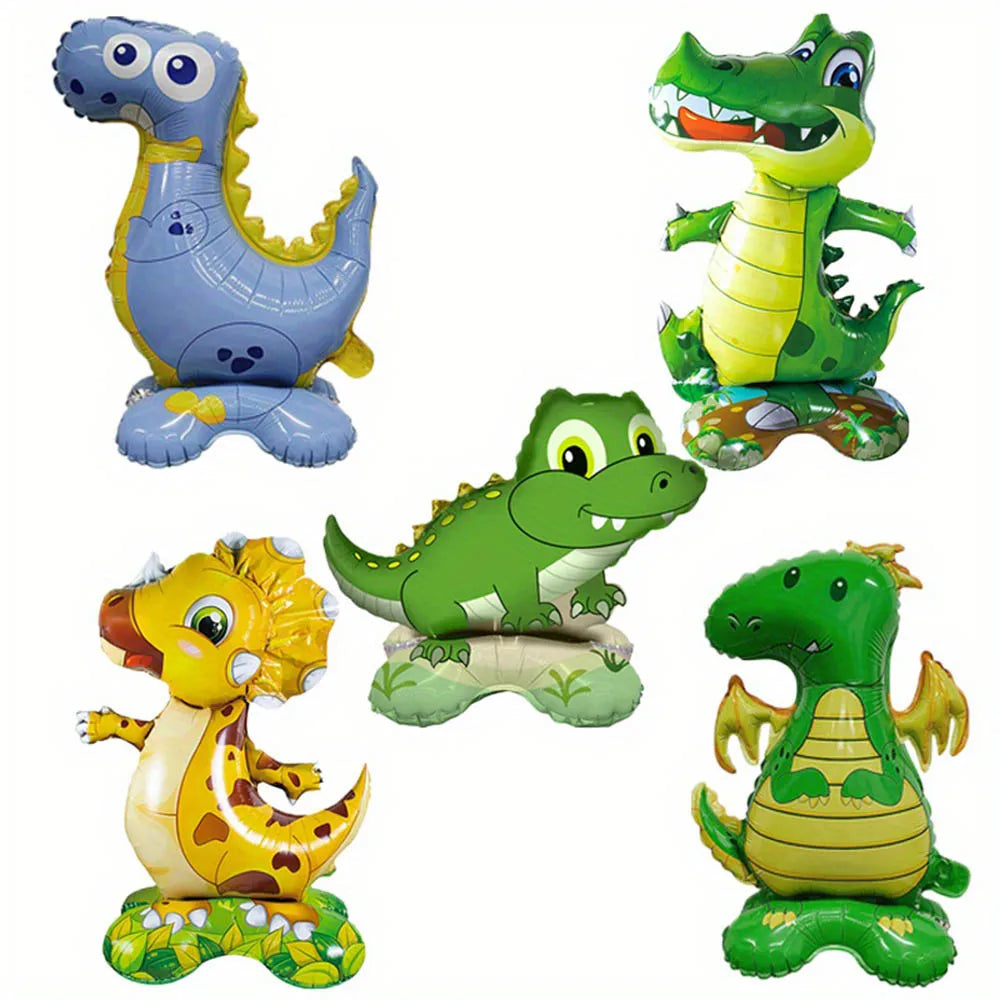 A collection of foil balloons shaped like dinosaurs and other cartoon animals for parties