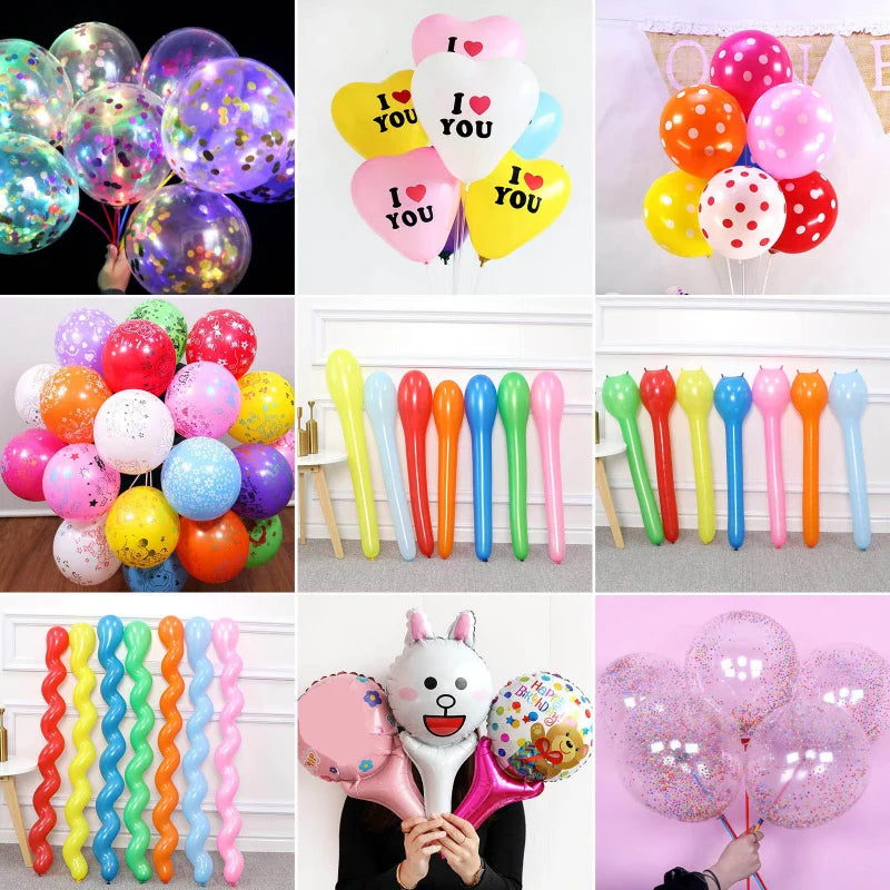 A collection of inflatable cartoon animal balloons in various colors and shapes.