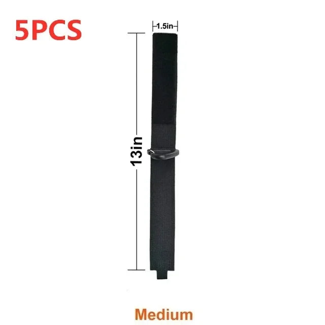 A black heavy-duty nylon cord and hose organizer strap, 13 inches long.
