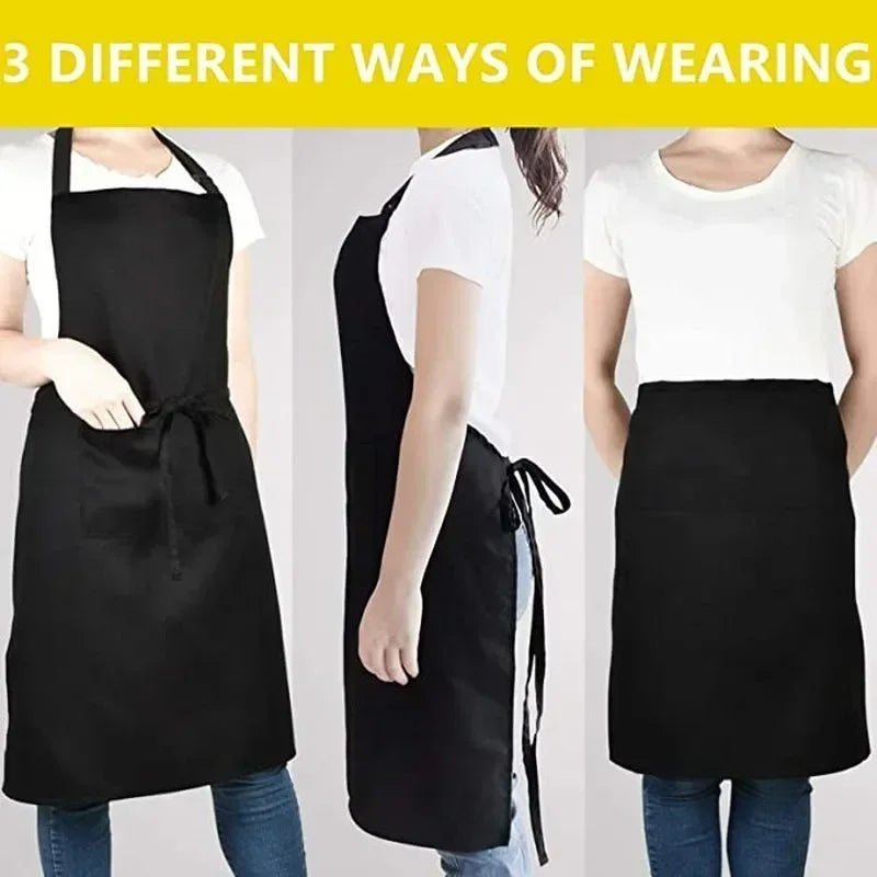 Three ways of wearing a black adjustable unisex cooking apron for kitchen and bar use.