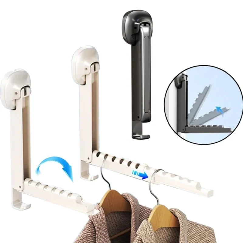 A foldable wall drying rack with suction cups is shown next to its components and in use for drying clothes.