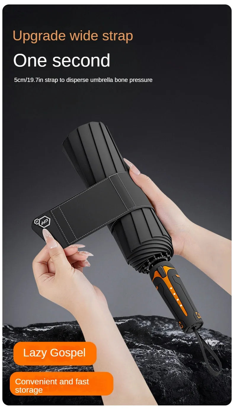 A hand is demonstrating a black heavy-duty windproof sun umbrella strap, showing its deployment and storage features.