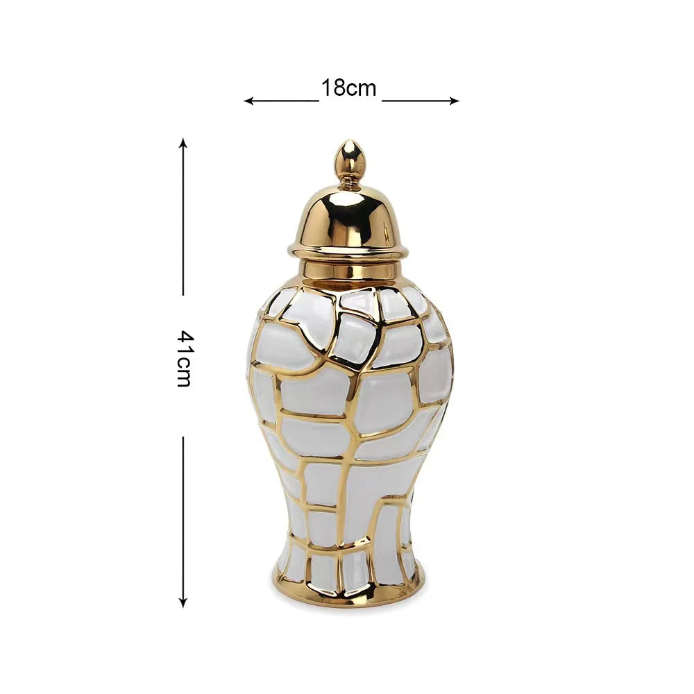 A golden ceramic flower vase with a textured white body and a lid, shown from the side.