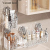 Clear acrylic storage racks and a vertical wooden storage shelf for bathroom products