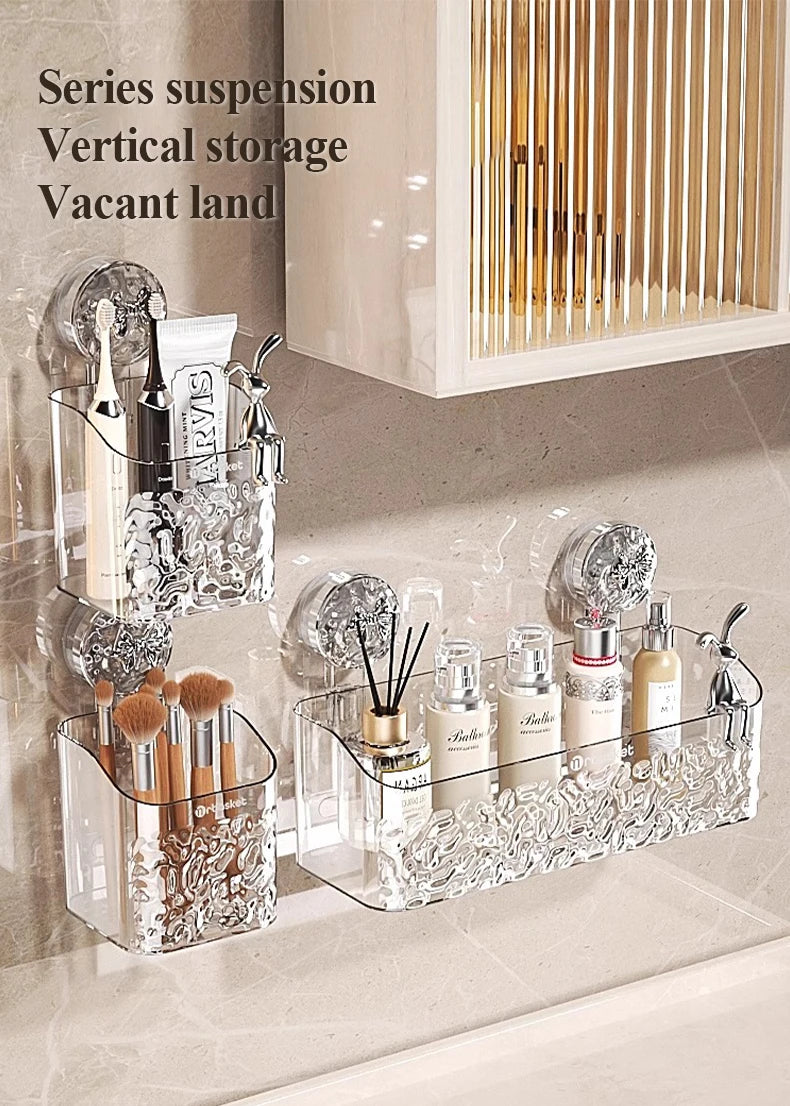 Clear acrylic storage racks and a vertical wooden storage shelf for bathroom products