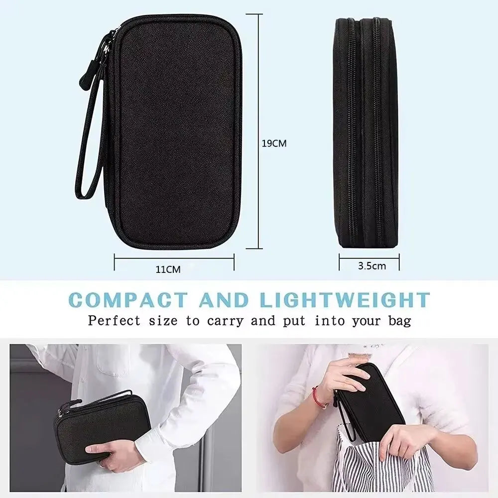 Black portable multi-use storage organizer pouch shown in various views and usage context.