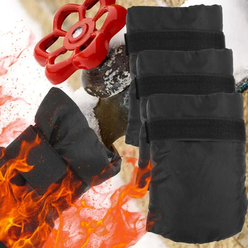 Black faucet cover with a red flower design shown against a background of fire and snow.